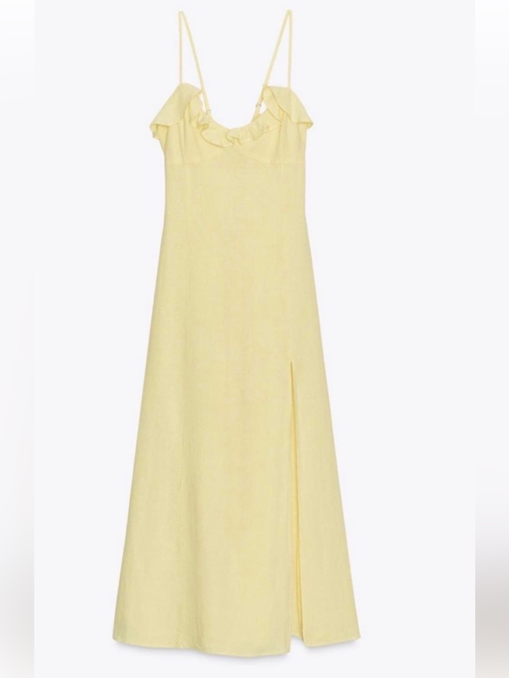 Zara Butter Yellow Ruffle-Trim Spaghetti Strap Maxi Dress